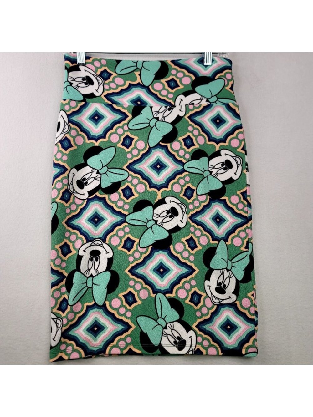LuLaRoe Disney Cassie Pencil Skirt S Green Colorful Minnie Mouse Geometric Fun